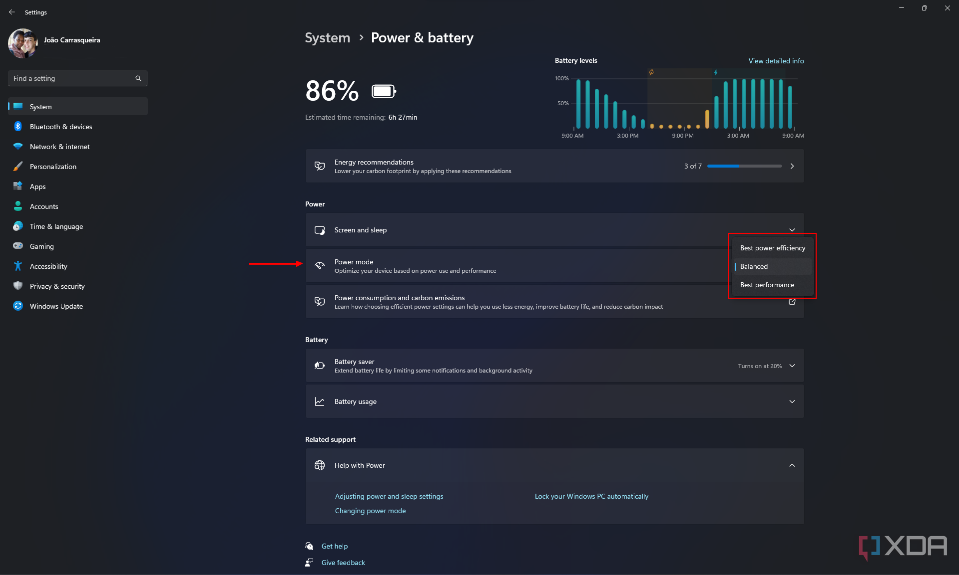 Screenshot of the Power and battery settings in Windows 11 with the power mode dropdown menu highlighted