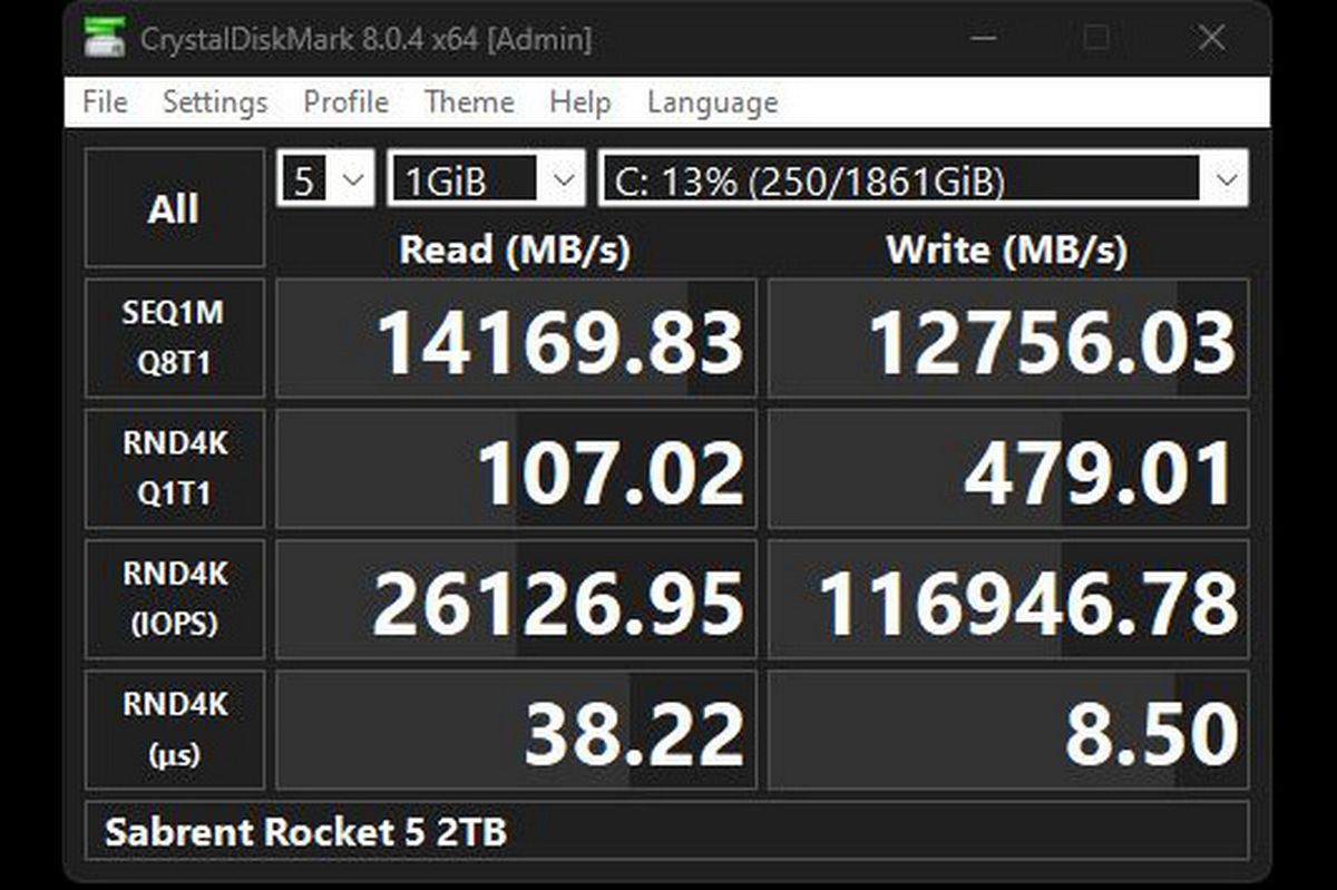 Sabrent Rocket 5 SSD CrystalDiskMark screenshot, showing super-fast read and write speeds