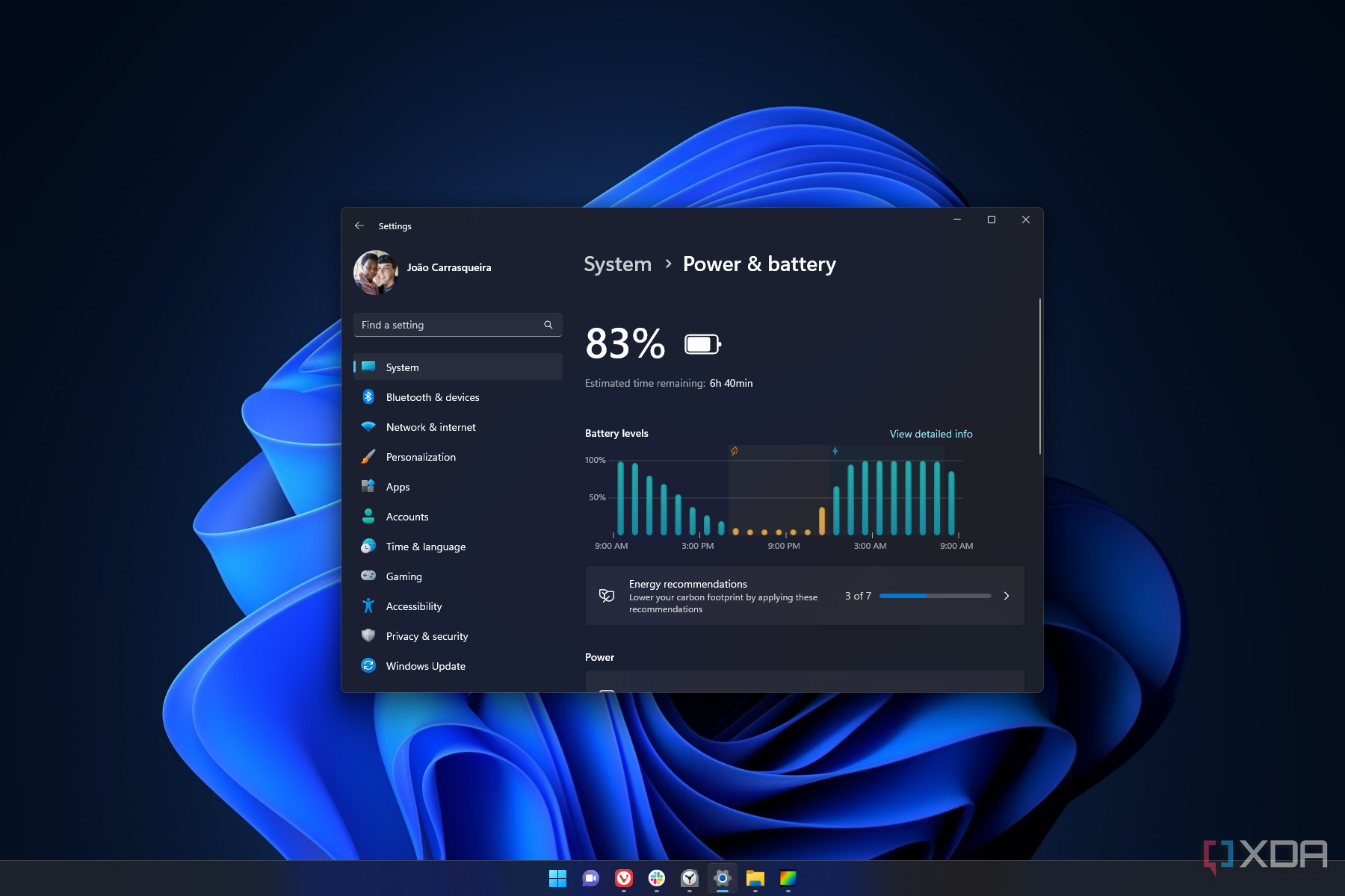 Screenshot of a Windows 11 desktop with the Settings app open to the power and battery page