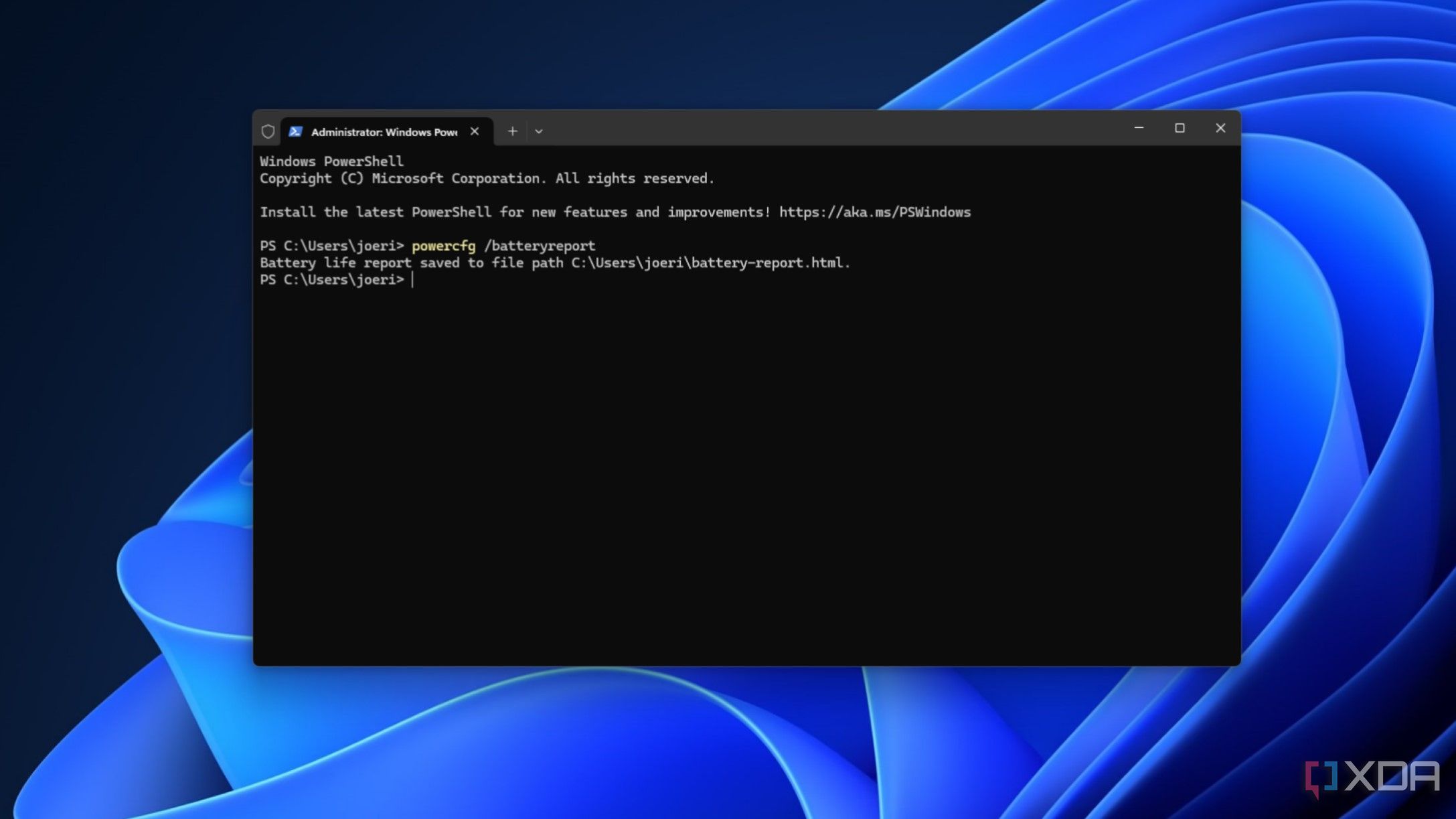 screenshot of windows command line window with battery health command shown