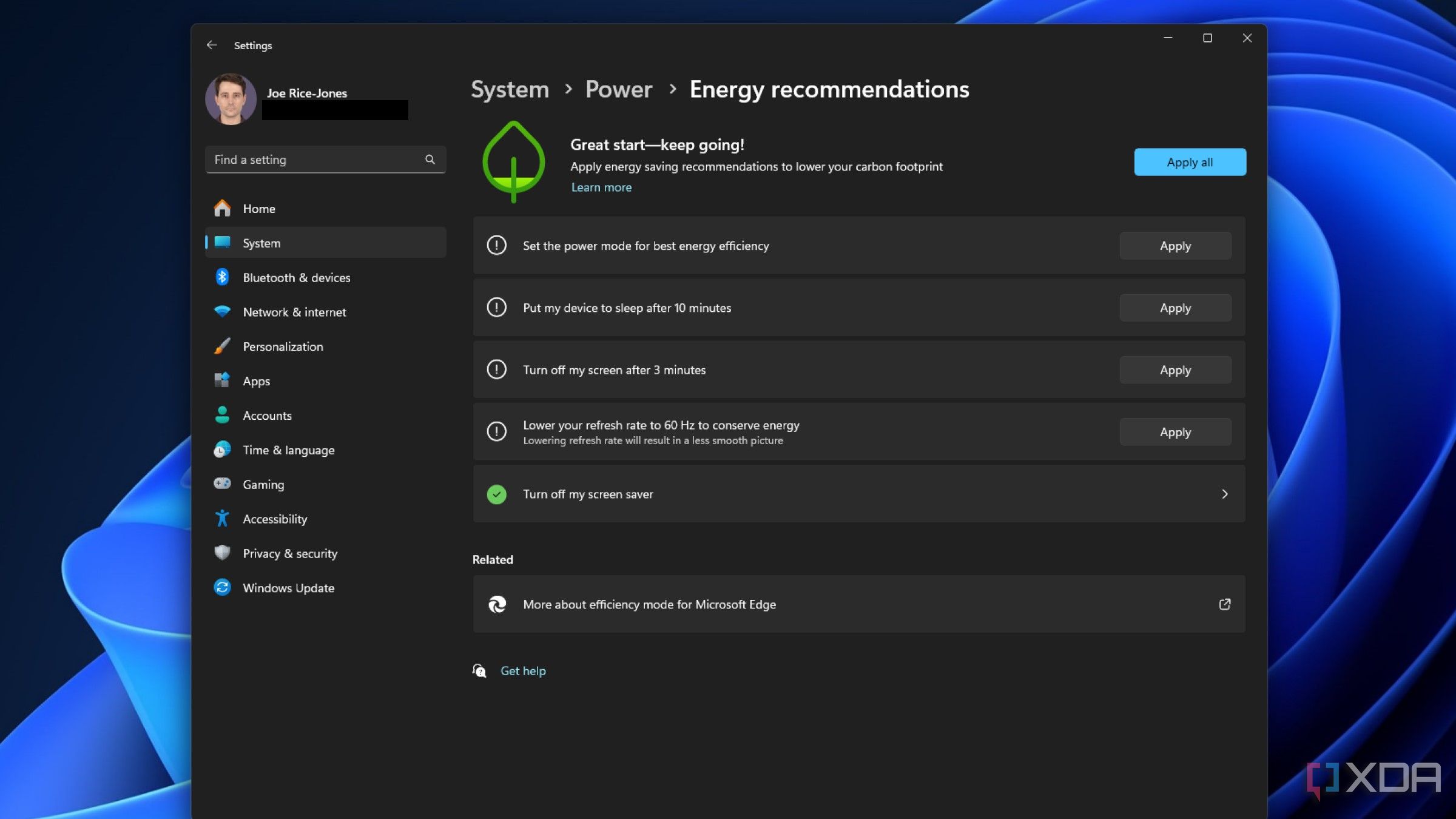 screenshot of windows 11 energy recommendations options