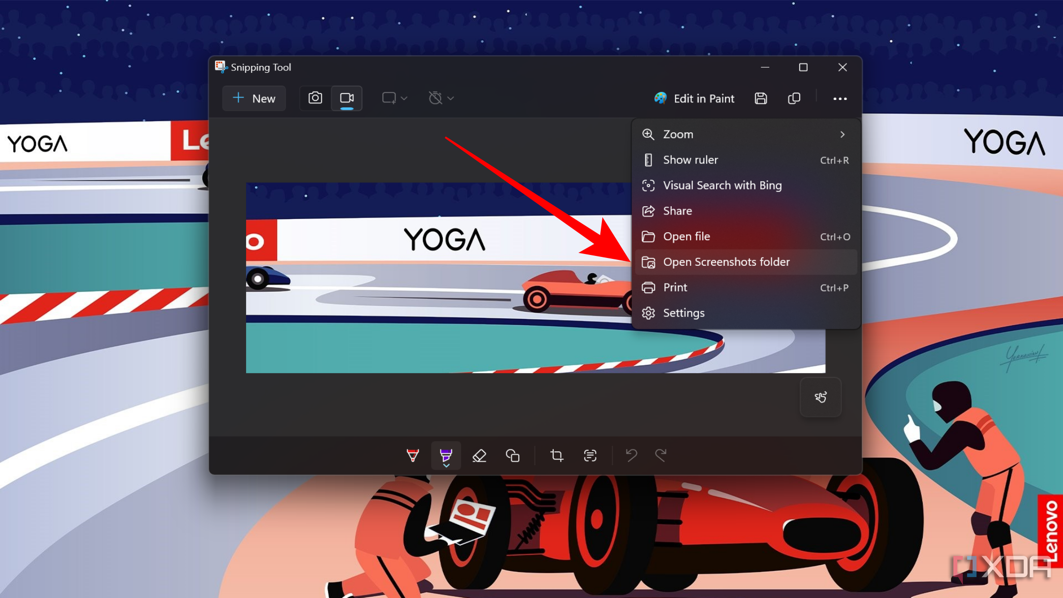 Screenshot showing Open screenshots folder option in Snipping Tool app