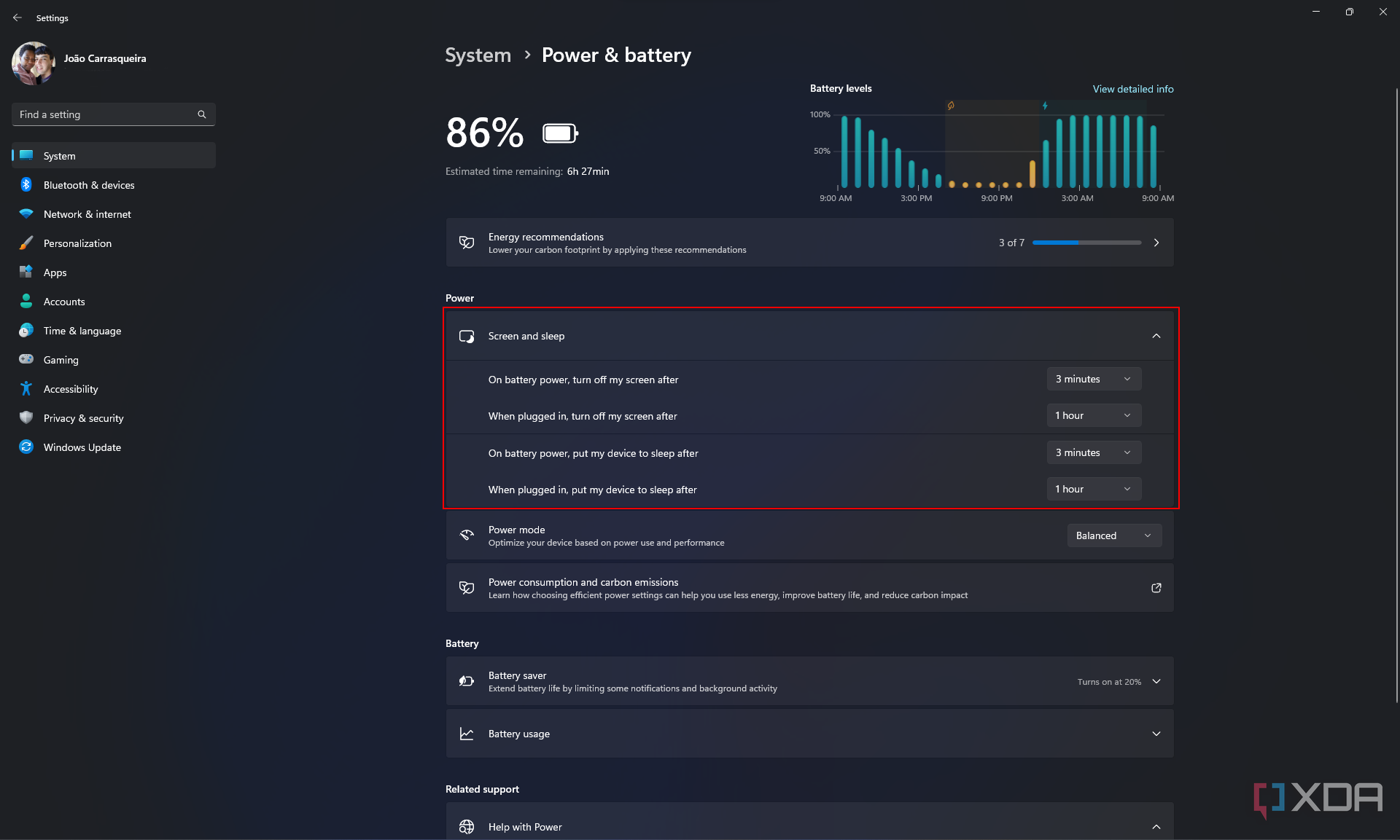 Screenshot of power and battery settings in Windows 11 with the screen and sleep section expanded and highlighted