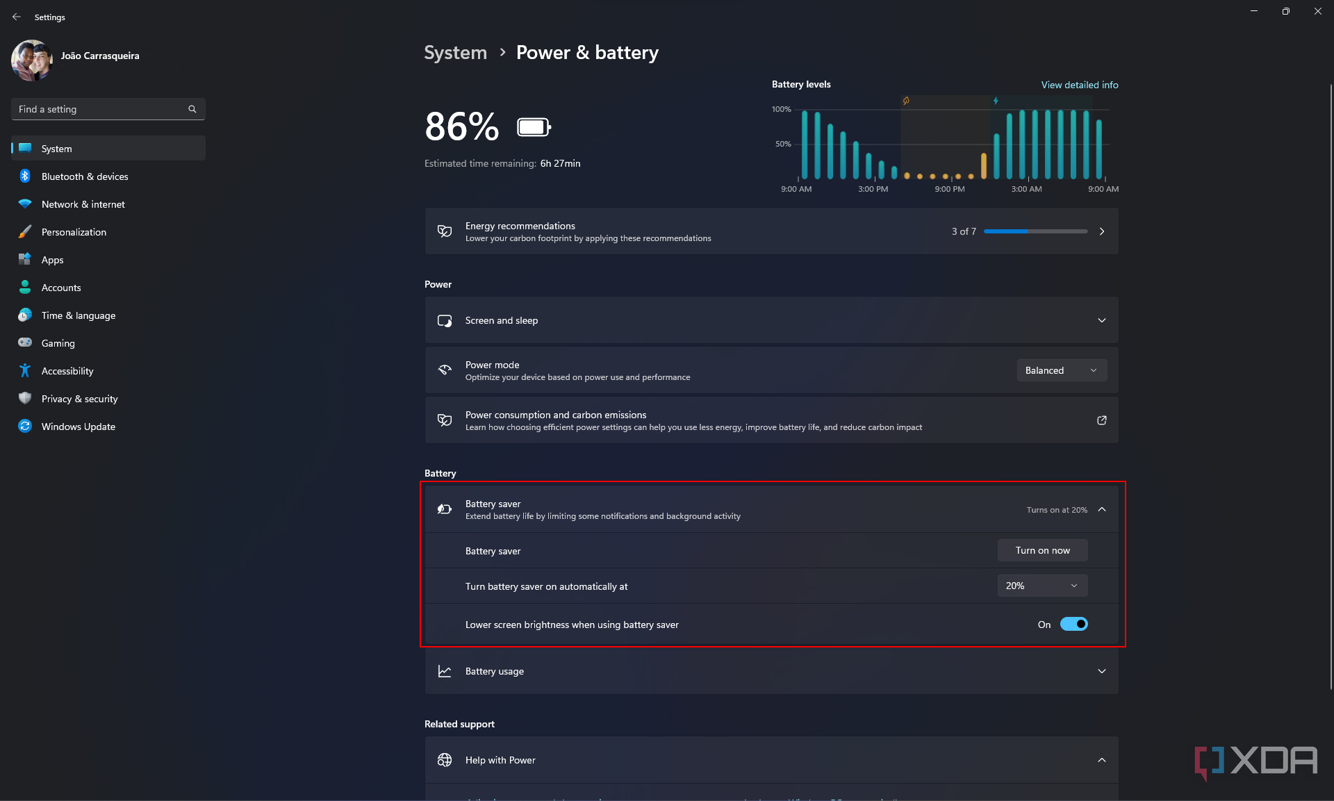 Screenshot of the power and battery settings in Windows 11 Settings app with the battery saver section highlighted