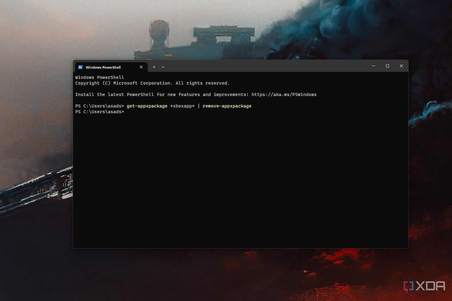 Windows 11 screenshot that shows a command in PowerShell that will uninstall the Xbox app
