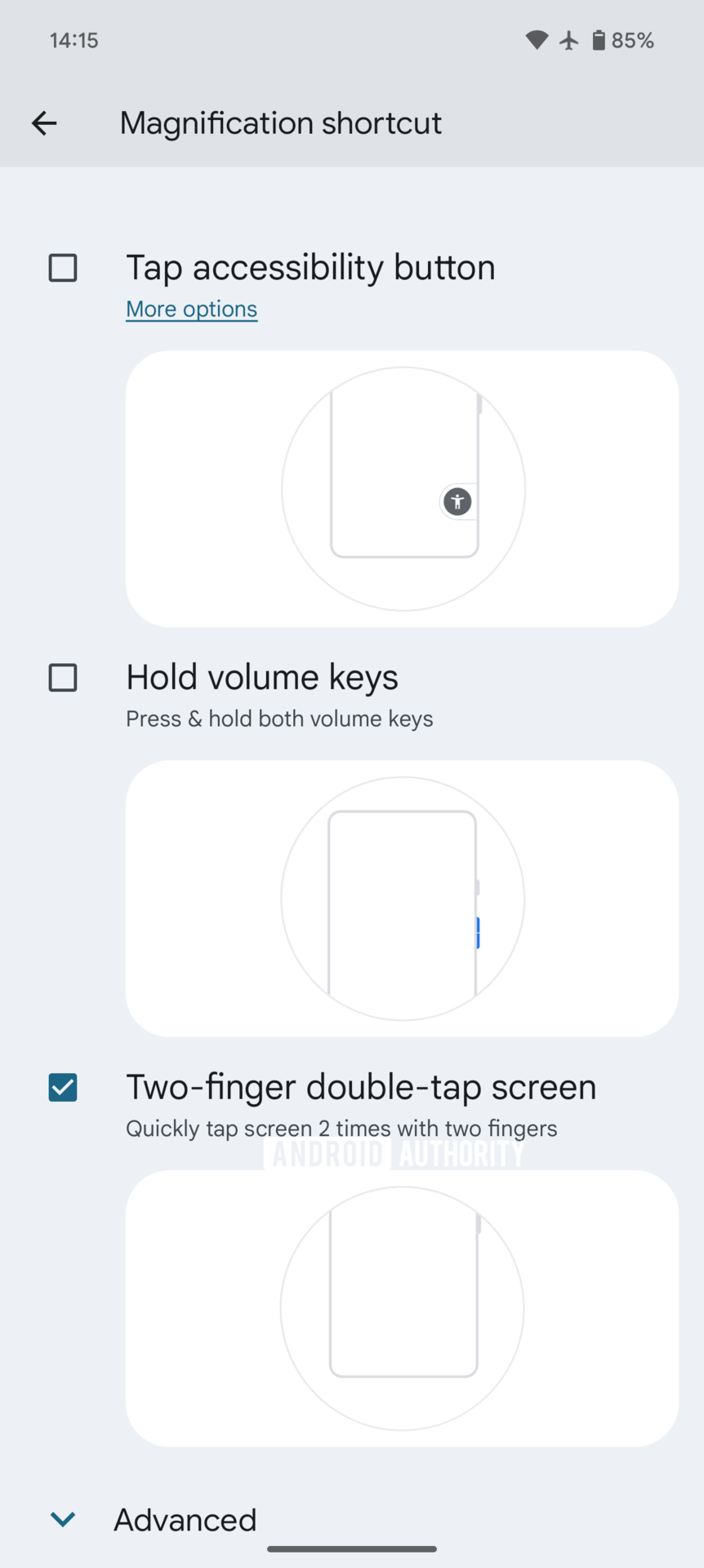 Android 15 double tap screen two fingers magnification