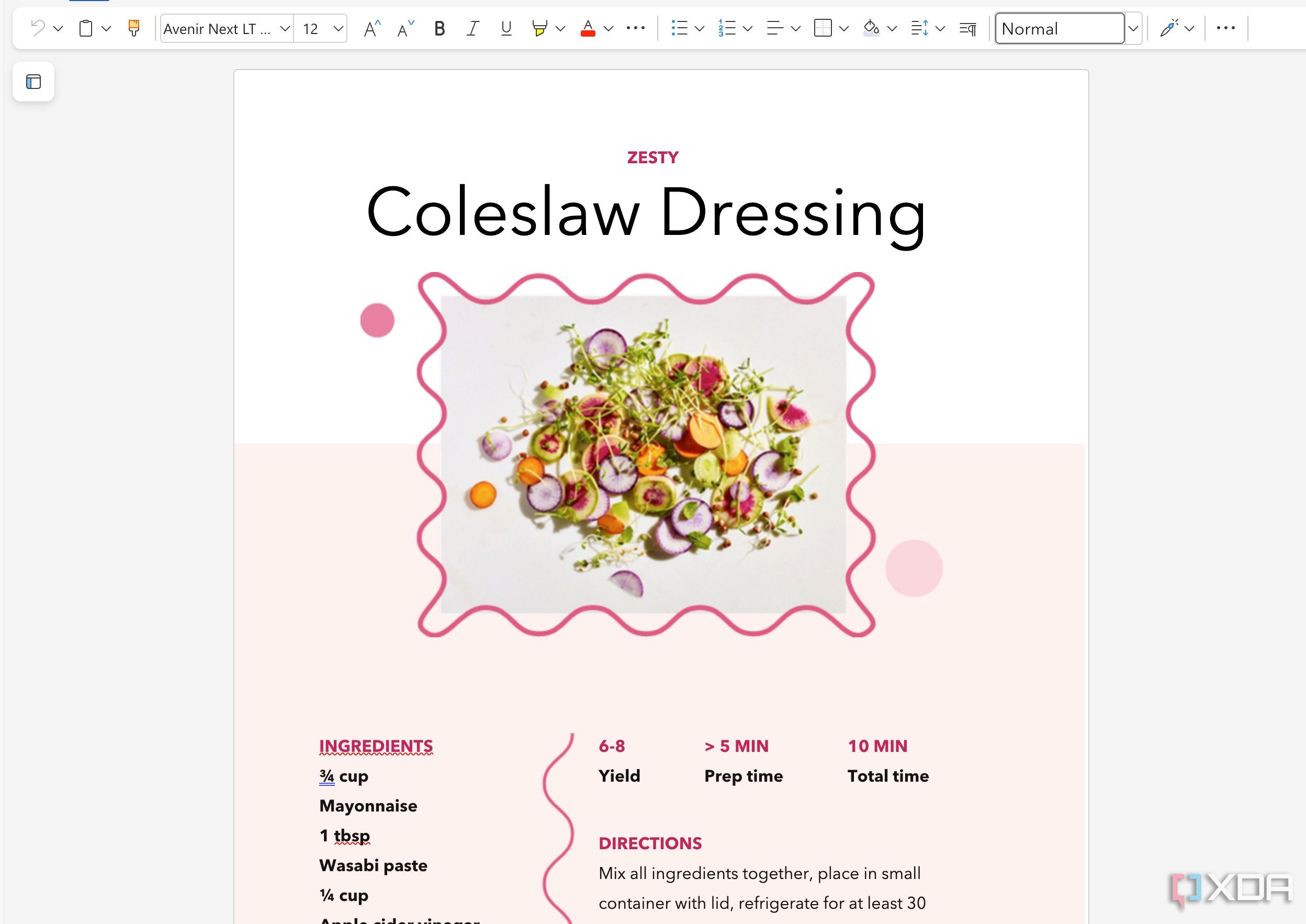 Create a recipe in Word