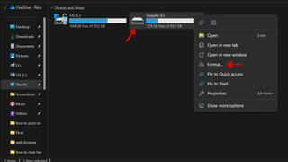 A screenshot of the File Explorer on Windows 11, with red arrows pointing at a hard drive and at the Format option. 