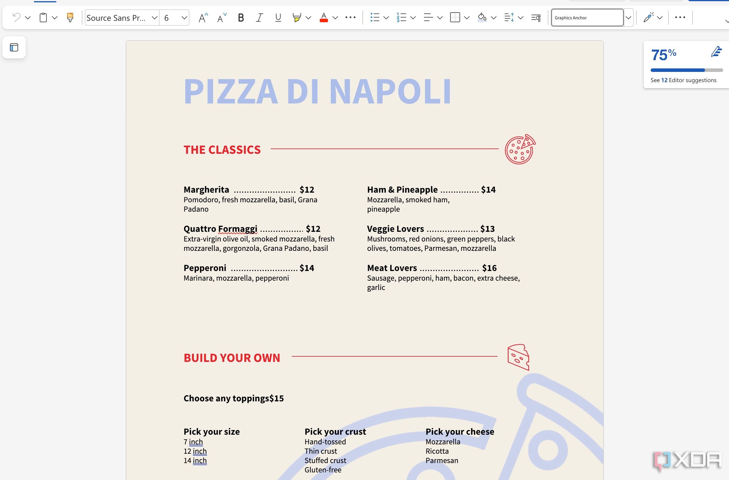 Create a restaurant menu in Word