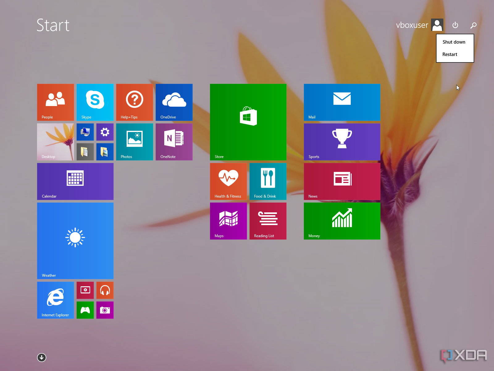 Windows 8.1 Start menu with the power menu open