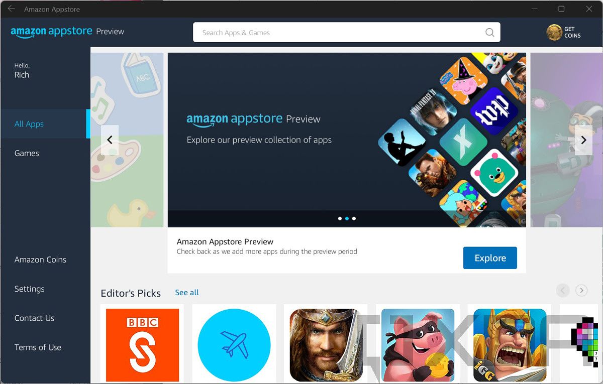 The Amazon app store on the Windows Subsystem for Android on Windows 11