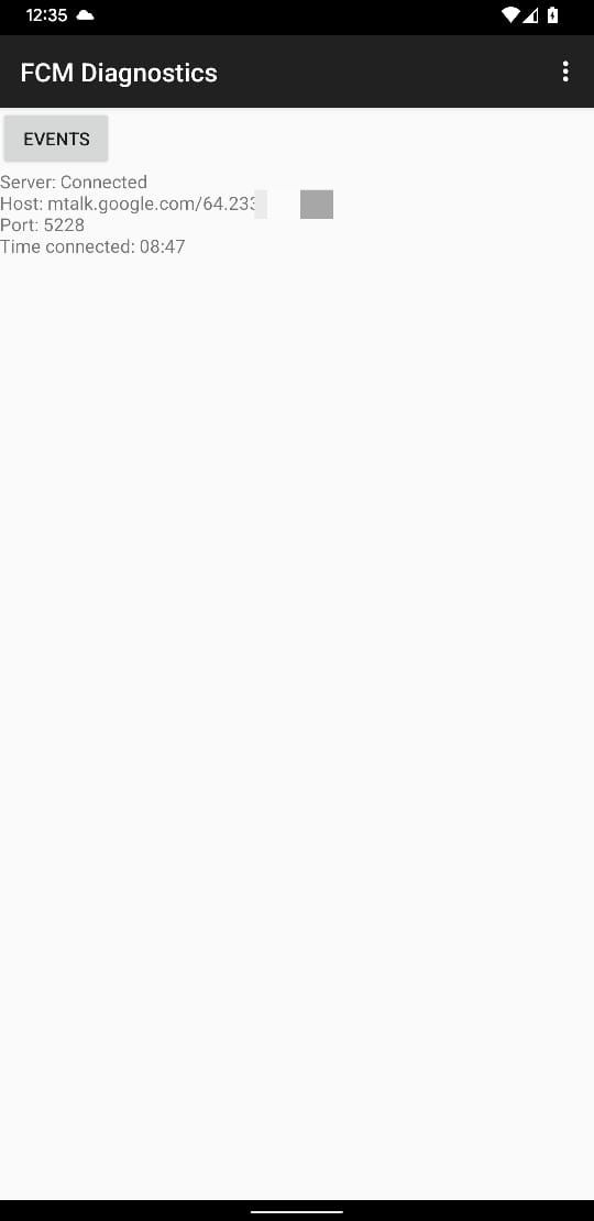 FCM diagnostic menu on Android