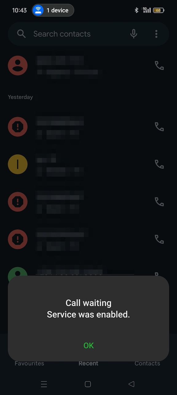 Call waiting service enabled with short code on Android