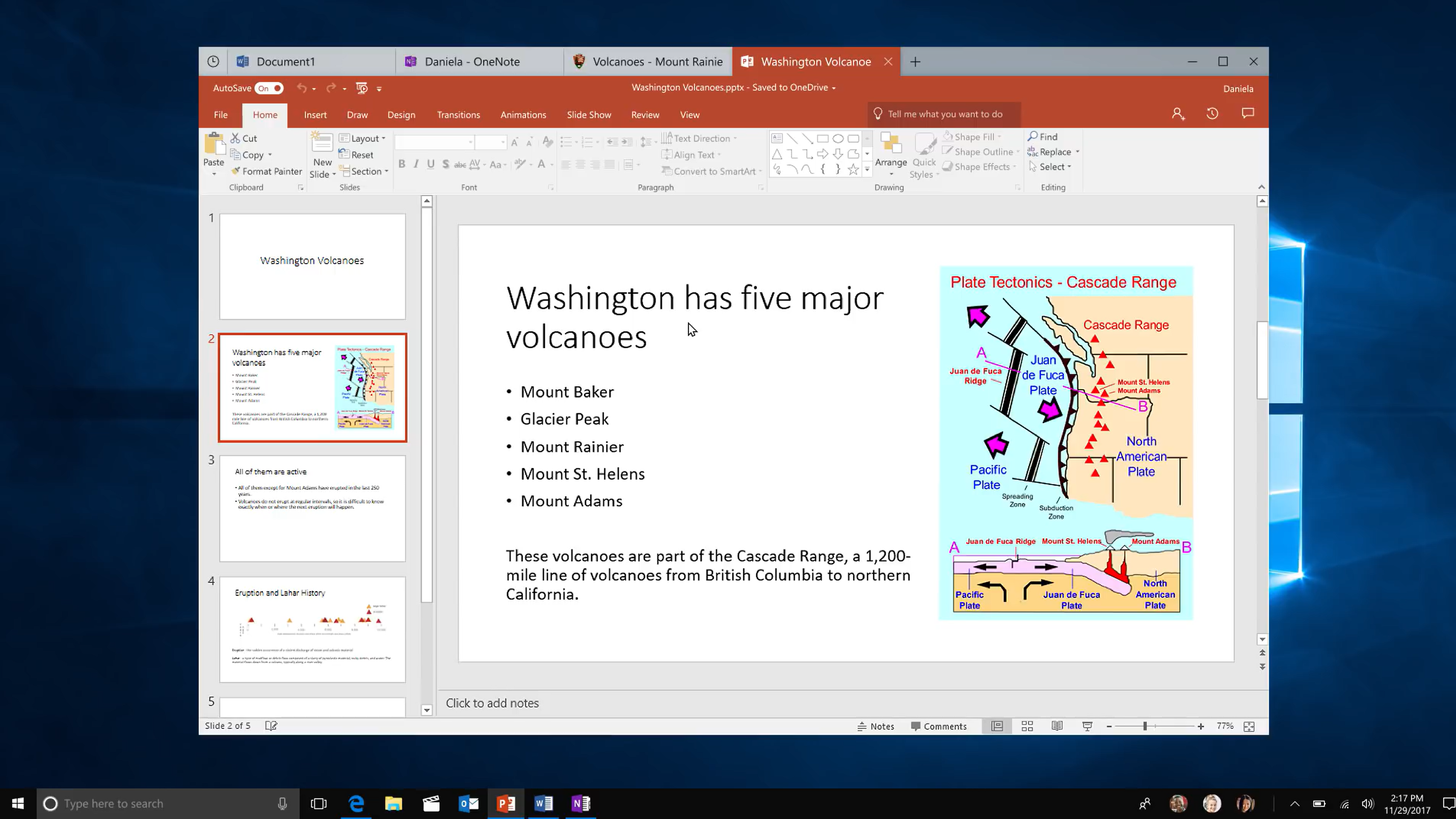 Screenshot of a Windows 10 preview build with the Sets feature showing PowerPoint inside a tab along with multiple browser tabs