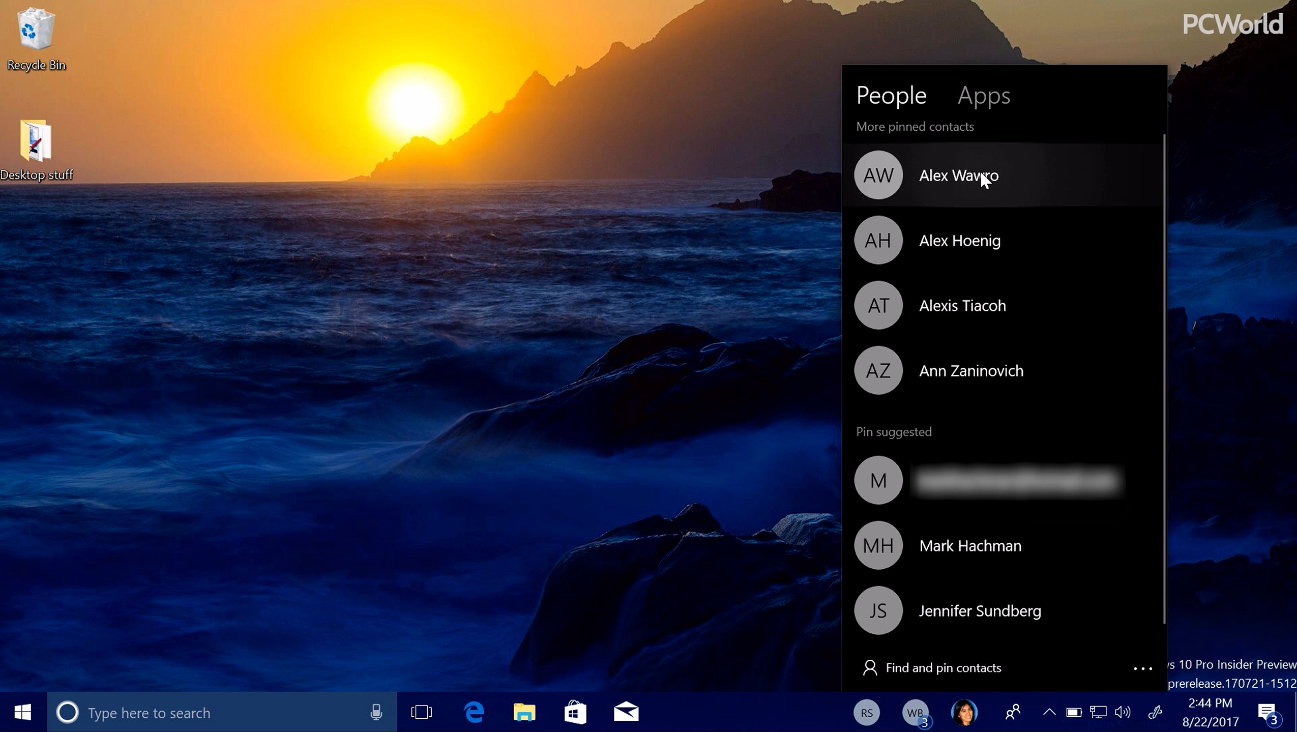 Screenshot of the My People panel on the Windows 10 taskbar