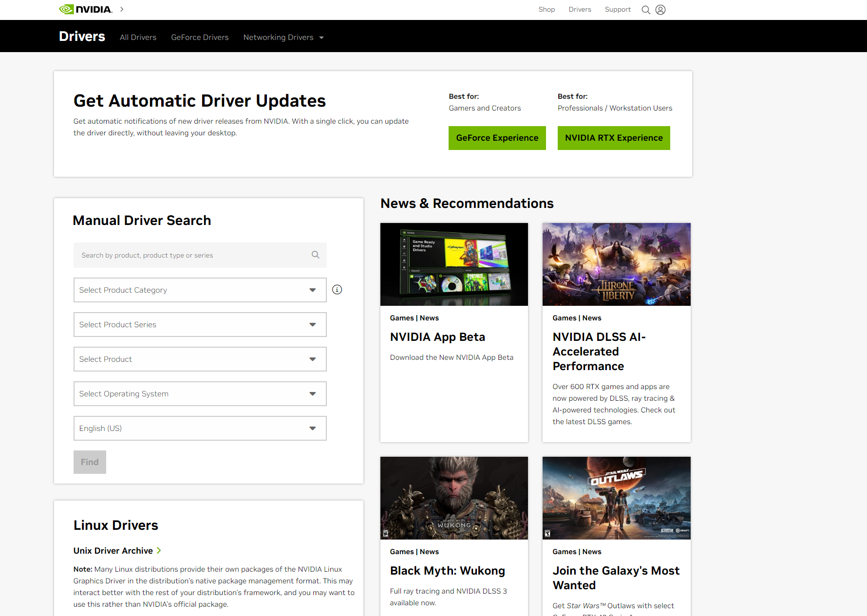 A screenshot of the NVIDIA GPU Driver download page.