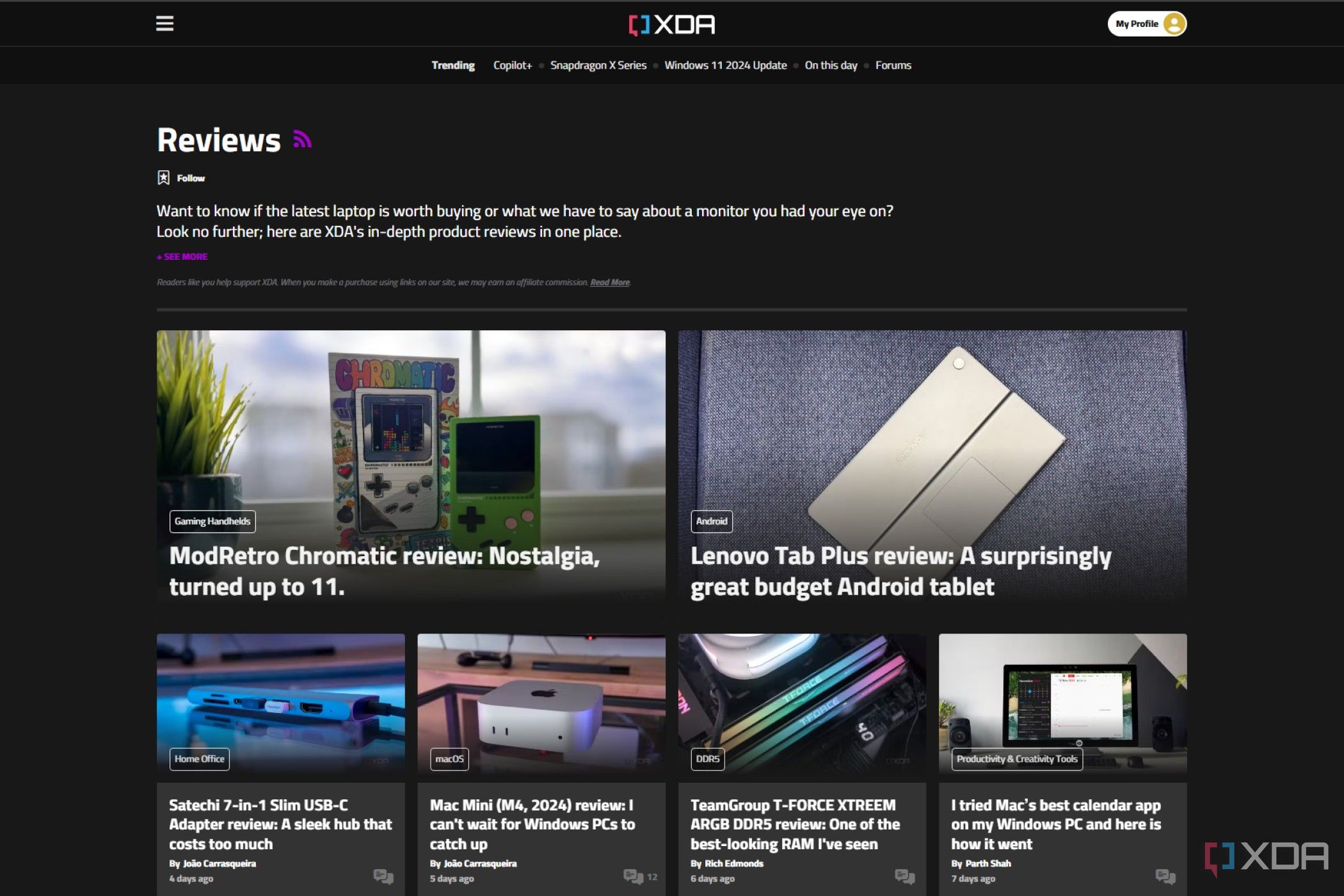 screenshot of xda reviews page