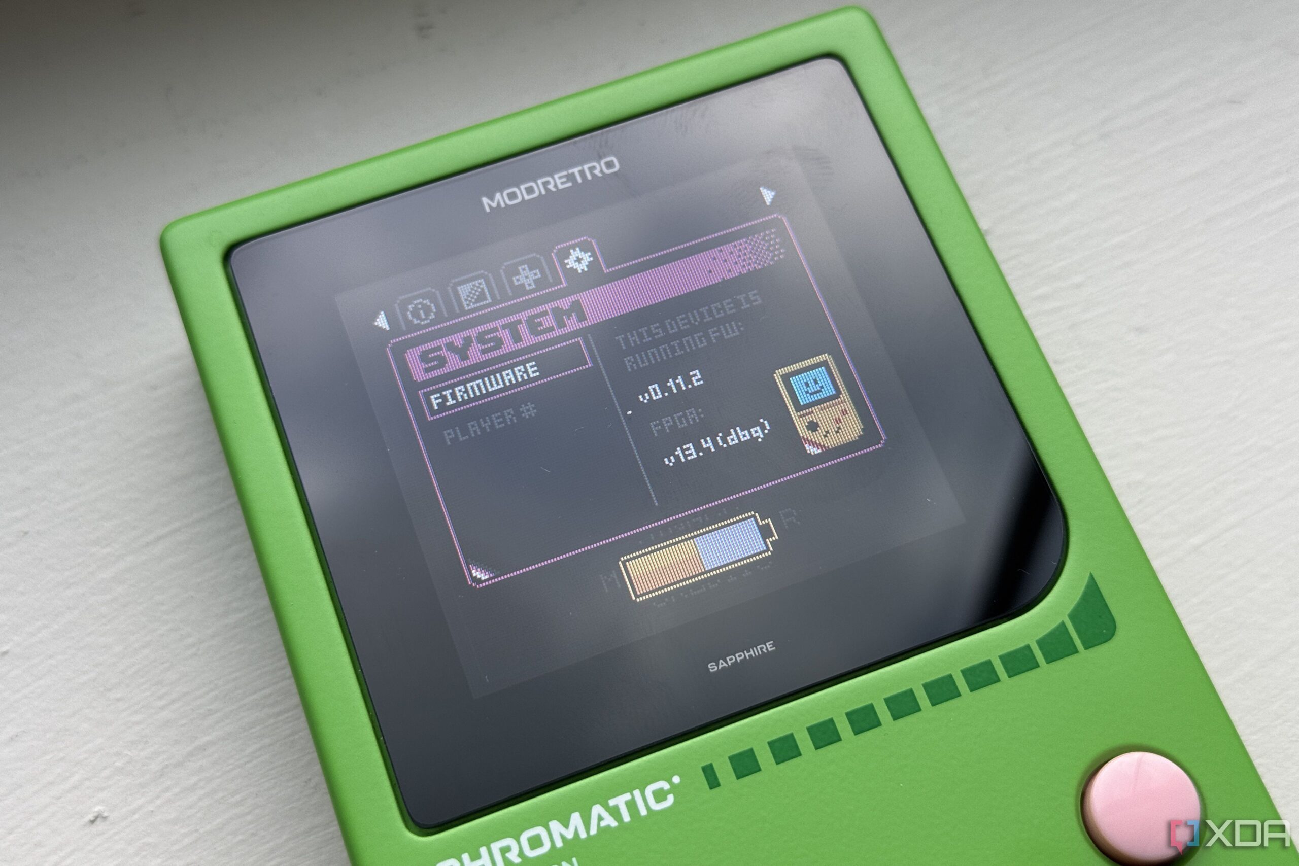 modretro chromatic in leaf color showing the firmware settings page