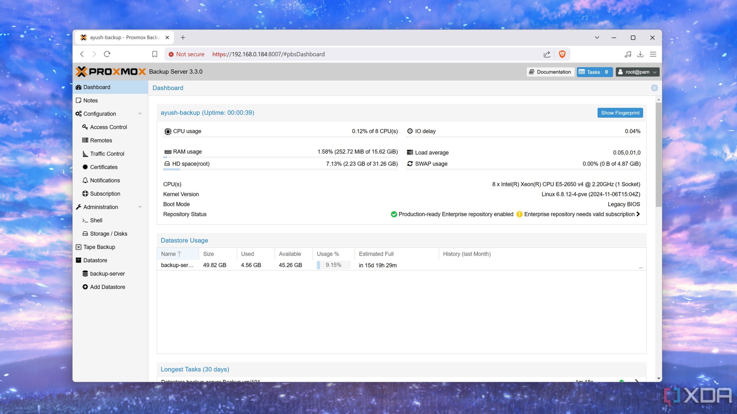 The Dashboard tab in the Proxmox Backup Server