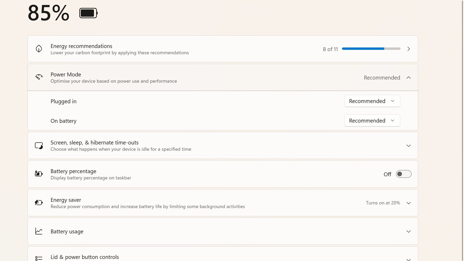 A Windows 11 screenshot showing the Power & Battery settings page.