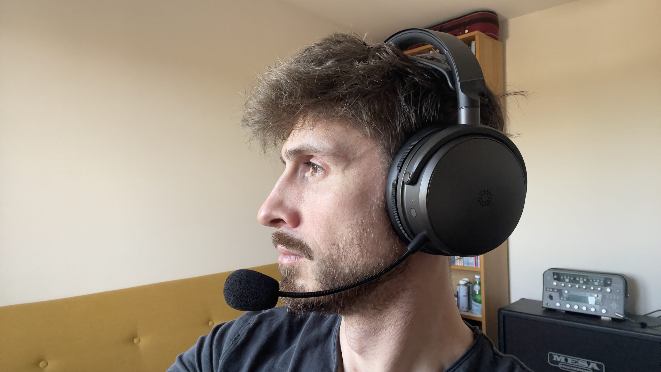 A man wearing a headset with a microphone