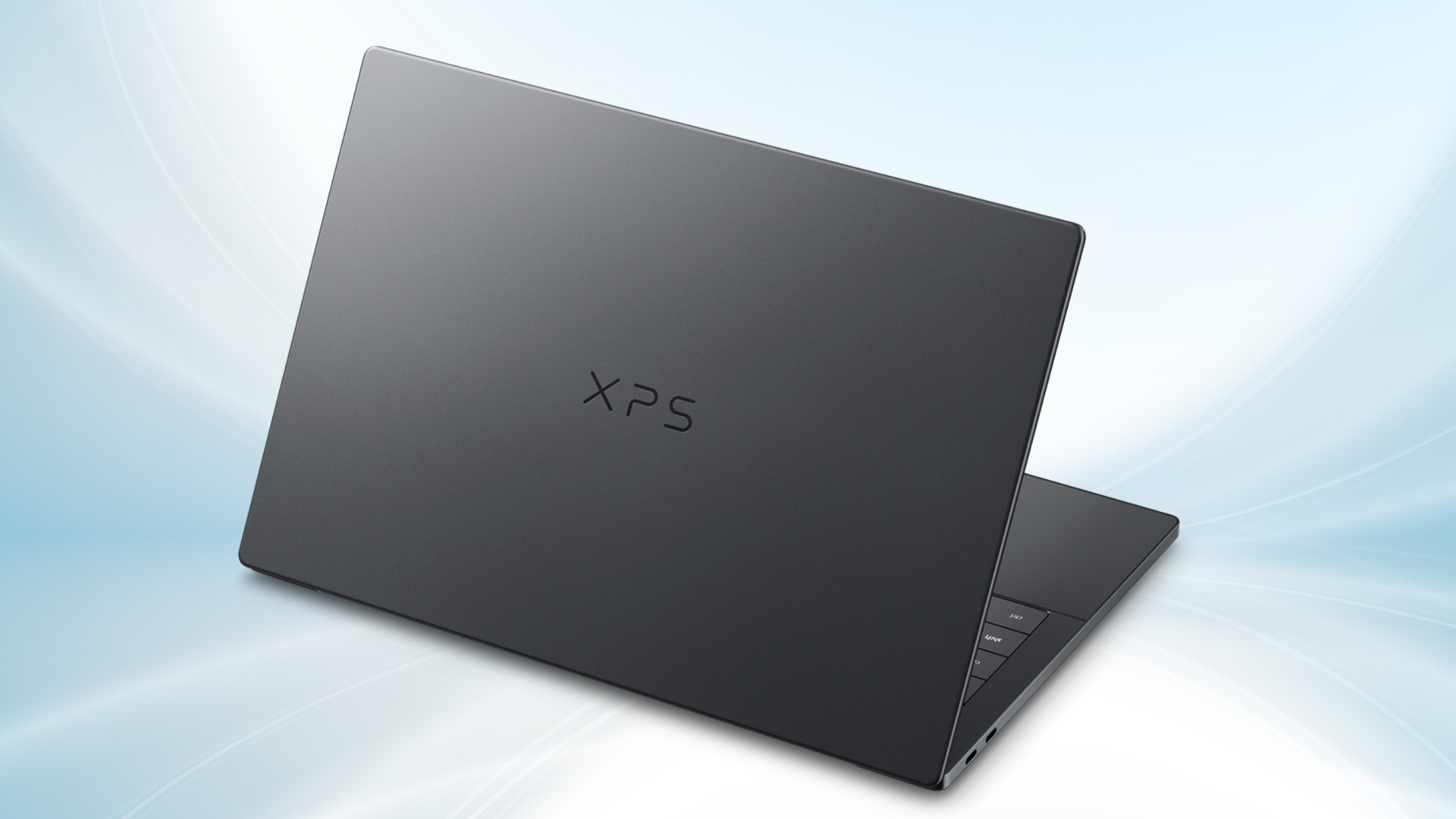 Dell XPS 14 shown from the rear, lid has XPS logo