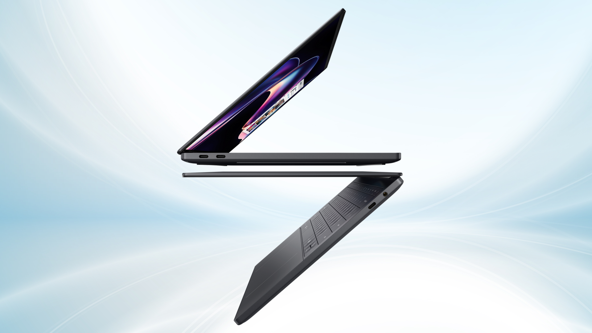 Dell XPS 14 two laptops shown one above the other, in side profile to illustrate slimness
