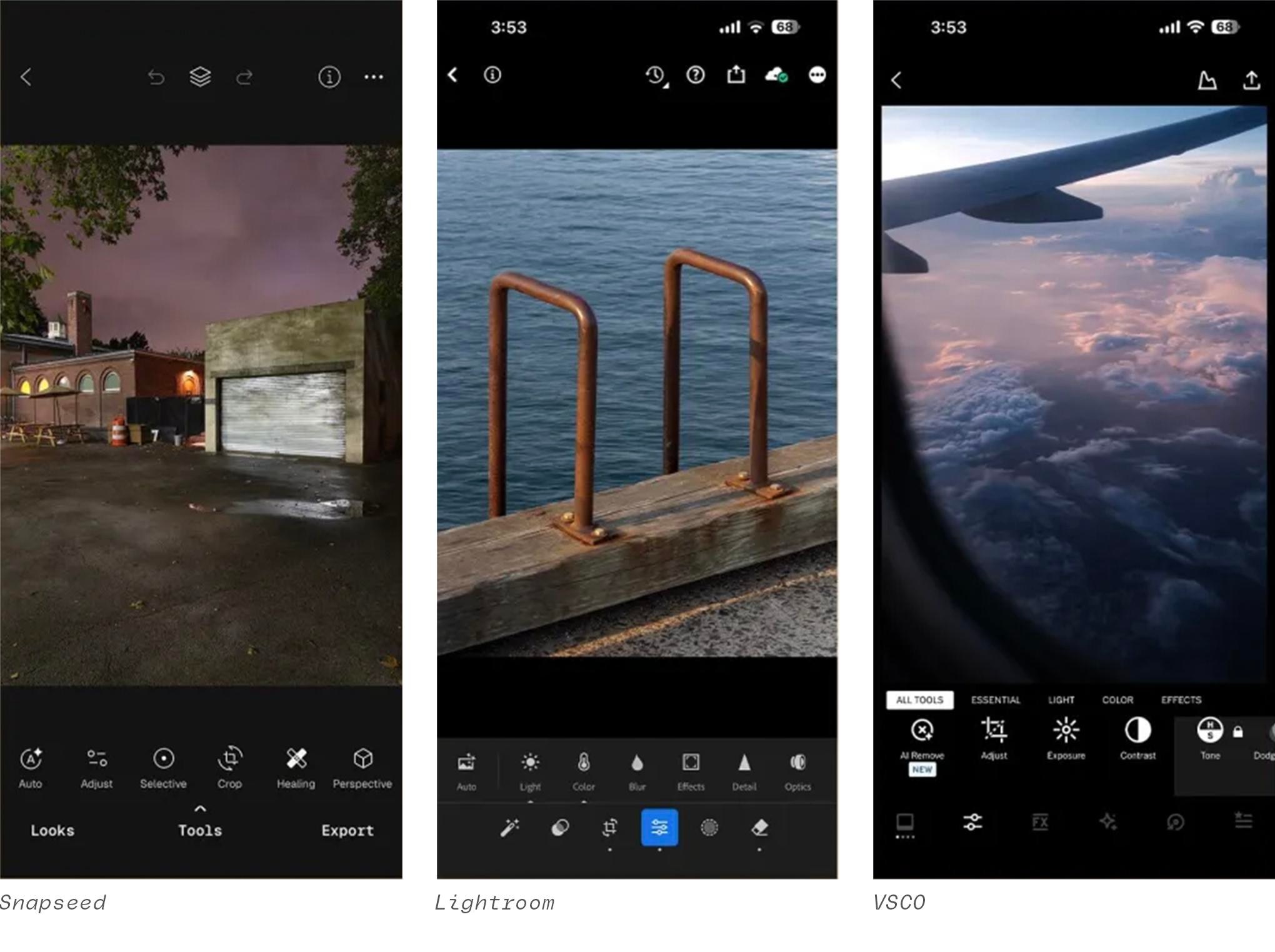 Side by side screenshots of interfaces from Snapseed, Lightroom, and VSCO.