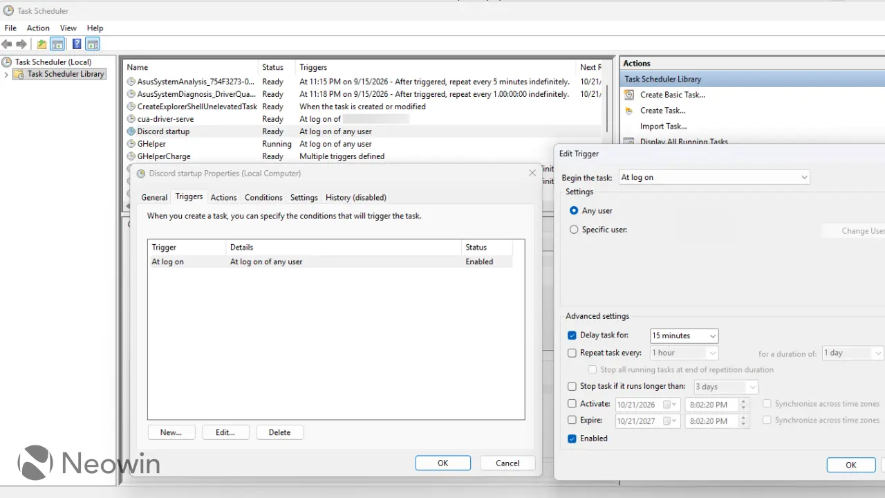 Screenshot of Windows Task Scheduler showing the Edit Trigger window for a task named Discord startu